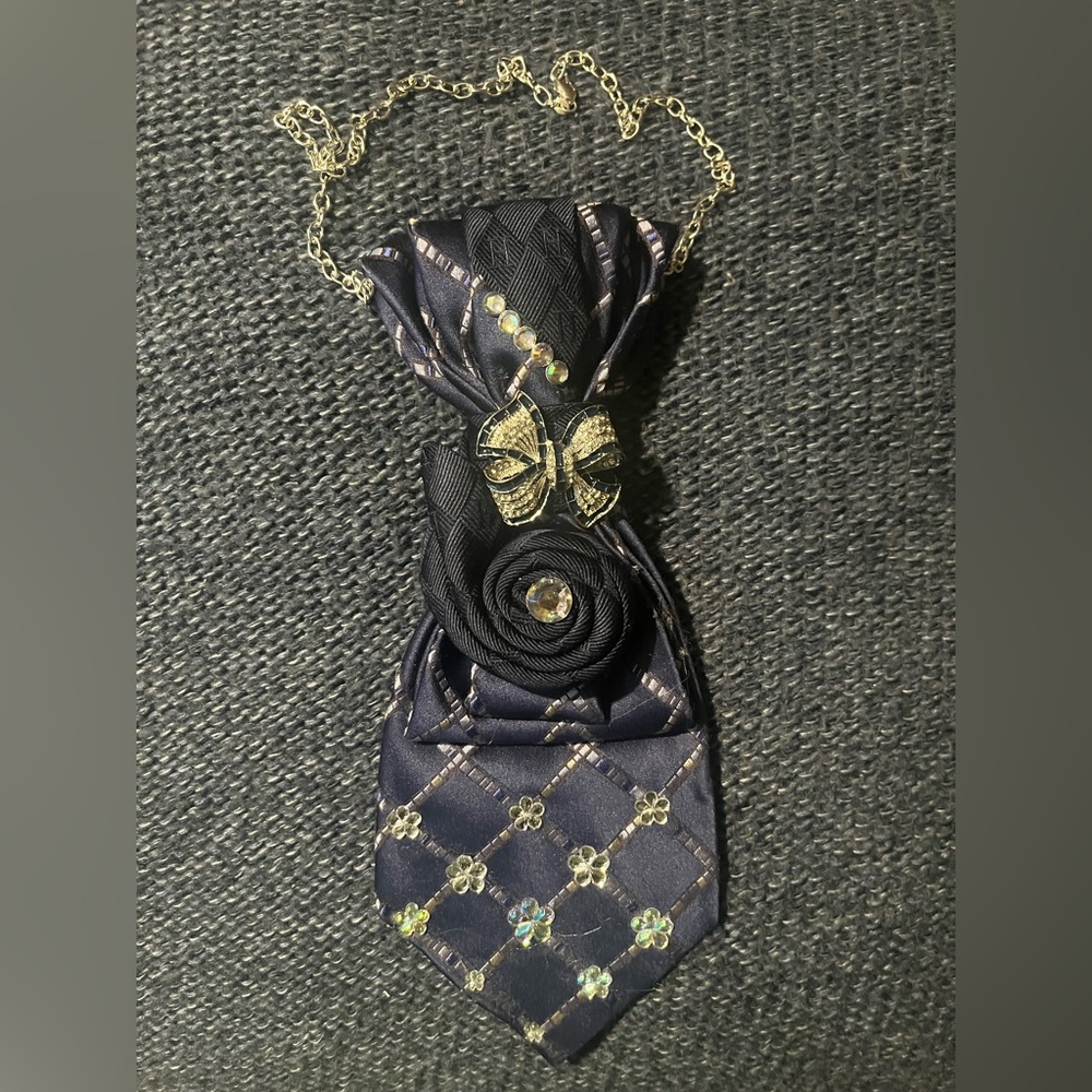 Navy Floral Rhinestone Bow Tie Necklace